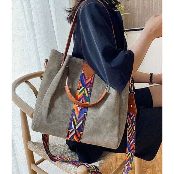 Women's Shoulder Bag 2 Pc Convertible Crossbody Wide Strap Gray Tote Boho NEW - Picture 3 of 4